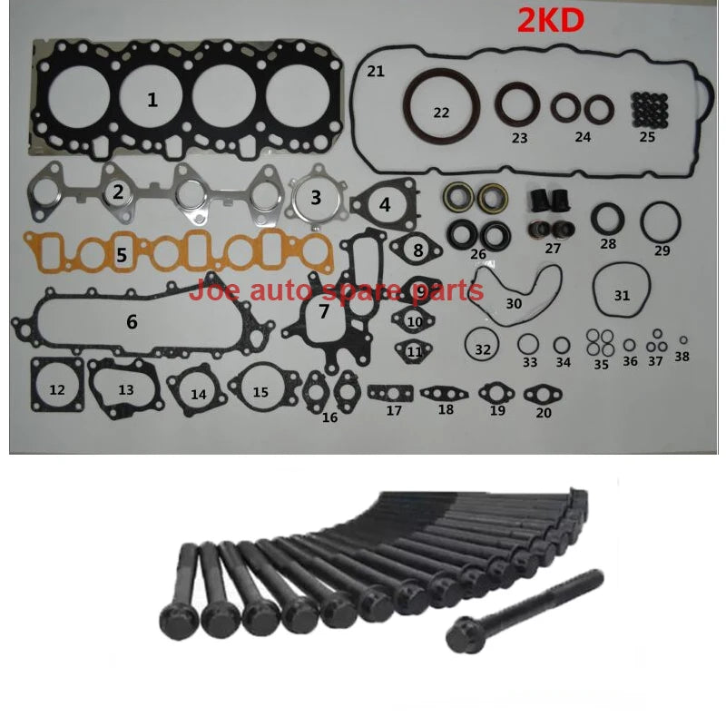 2KD 2KDFTV Engine Full gasket set kit cylinder head bolt nuts for Toyota Hiace Hilux DYNA 150 Innova Fortuner TD 16V 2494cc 2.5L