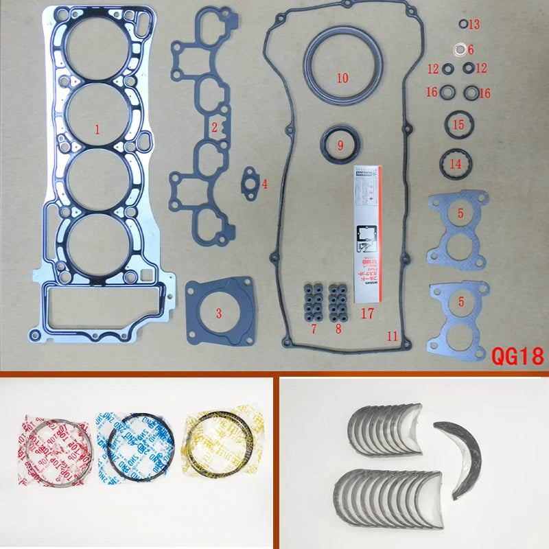 QG18DE Full gasket set kit crankshaft connecting rod bearing piston ring for Nissan Almera/Sentra/Sunny 1.8L 1769cc 2000-