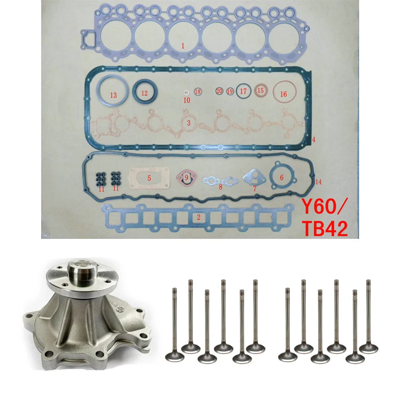 TB42  Engine Full gasket set kit + water pump + intake valve 6 pcs +exhaust 6 pcs